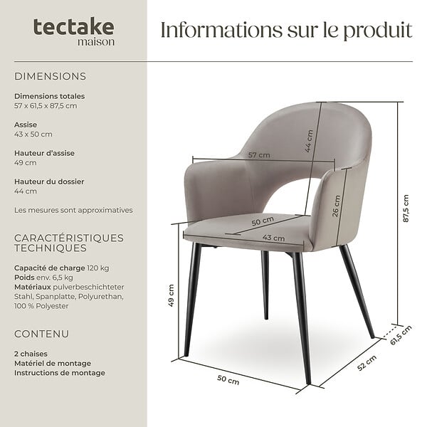TECTAKE - Lot 2 Fauteuils aspect velours rembourré max 120 kg taupe - large