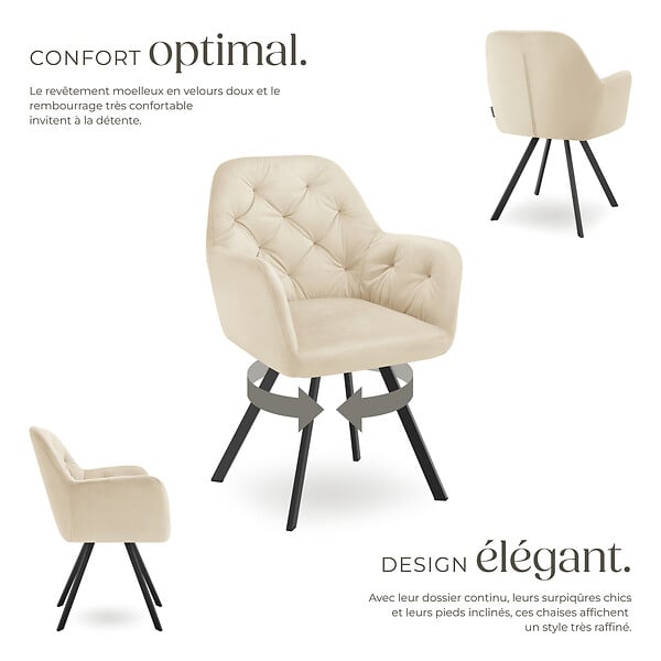 TECTAKE - Lot 4 fauteuils pivotants 180° velours rembourrés matelassés crème - large