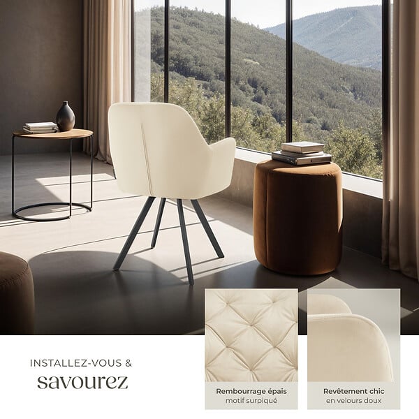 TECTAKE - Lot 4 fauteuils pivotants 180° velours rembourrés matelassés crème - large