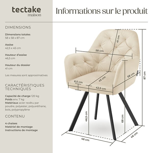 TECTAKE - Lot 4 fauteuils pivotants 180° velours rembourrés matelassés crème - large