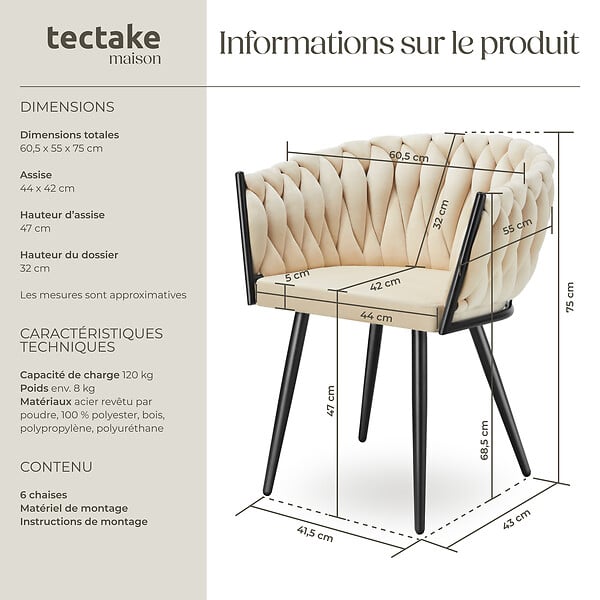 TECTAKE - Lot 6 chaises de salle à manger en velours design noué sables - large