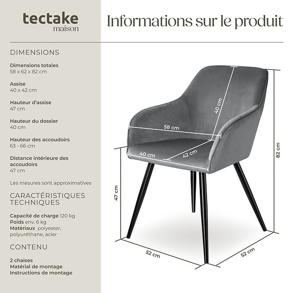 TECTAKE - Ensemble de 2 chaises cuir synthétique aspect velours gris/noir - large