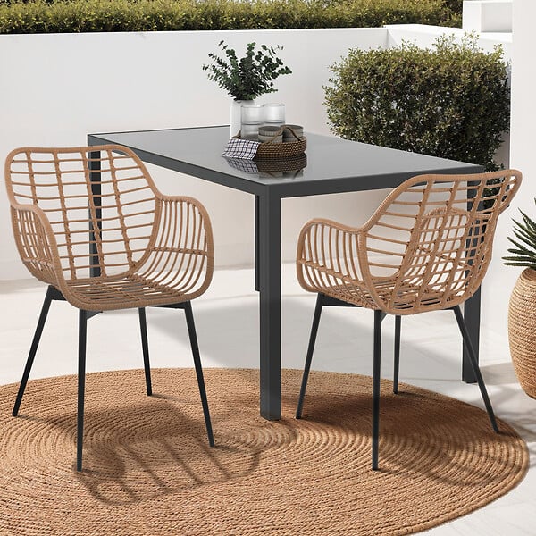 ID MARKET - Lot de 2 chaises de salle à manger, fauteuils de table SUMMER effet rotin pied métal noir - large