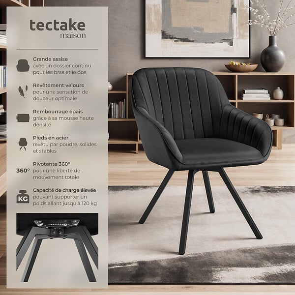 TECTAKE - Lot 4 chaises pivotantes à 360° avec accoudoirs velours noires - large