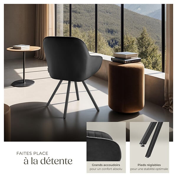 TECTAKE - Lot 4 chaises pivotantes à 360° avec accoudoirs velours noires - large