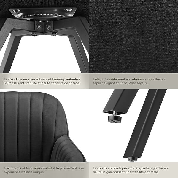 TECTAKE - Lot 4 chaises pivotantes à 360° avec accoudoirs velours noires - large