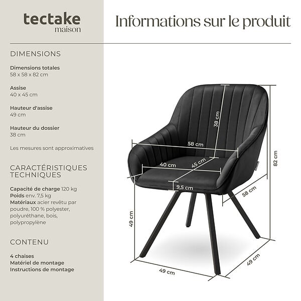 TECTAKE - Lot 4 chaises pivotantes à 360° avec accoudoirs velours noires - large
