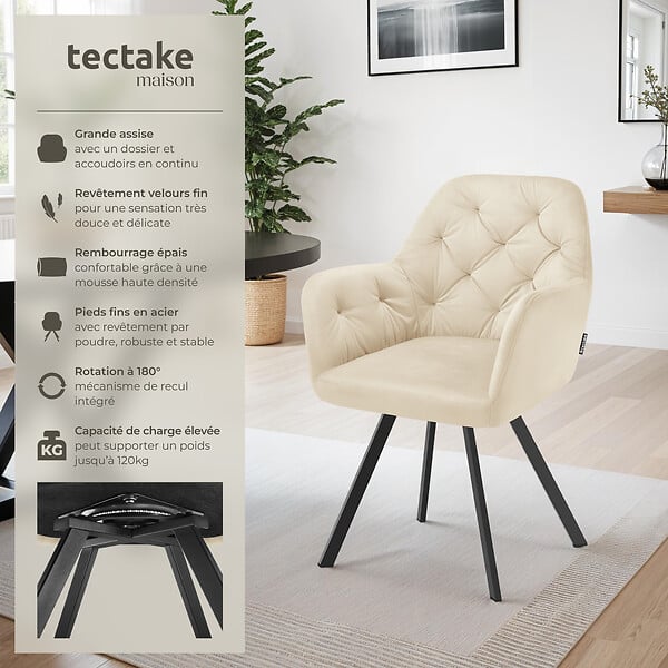 TECTAKE - Lot 6 fauteuils pivotants 180° velours rembourrés matelassés crème - large