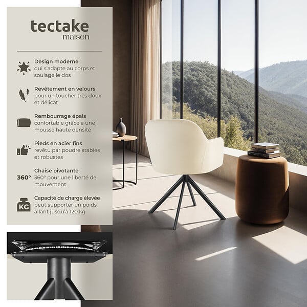 TECTAKE - Lot 6 chaises pivotantes à 360° en velours avec rembourrage crème/noir - large