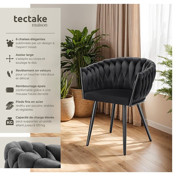 TECTAKE - Lot 6 chaises de salle à manger en velours design noué noires - large