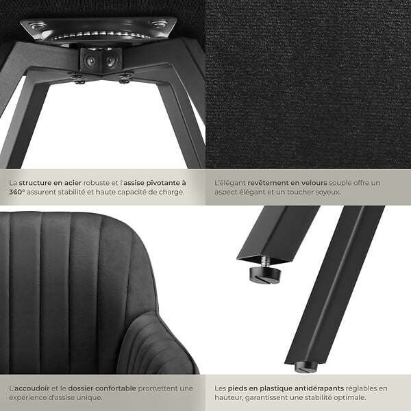 TECTAKE - Lot 2 chaises pivotantes à 360° avec accoudoirs velours noires - large