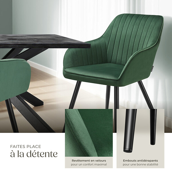 TECTAKE - Lot 6 chaises de salle à manger en velours matelassées vert foncé - large