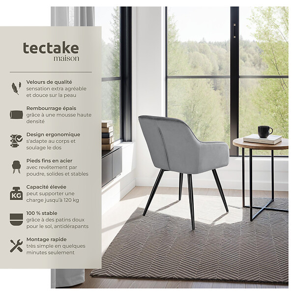 TECTAKE - Ensemble de 4 chaises en cuir synthétique aspect velours gris et noir - large