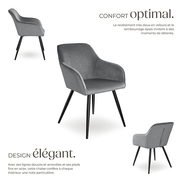 TECTAKE - Ensemble de 4 chaises en cuir synthétique aspect velours gris et noir - large
