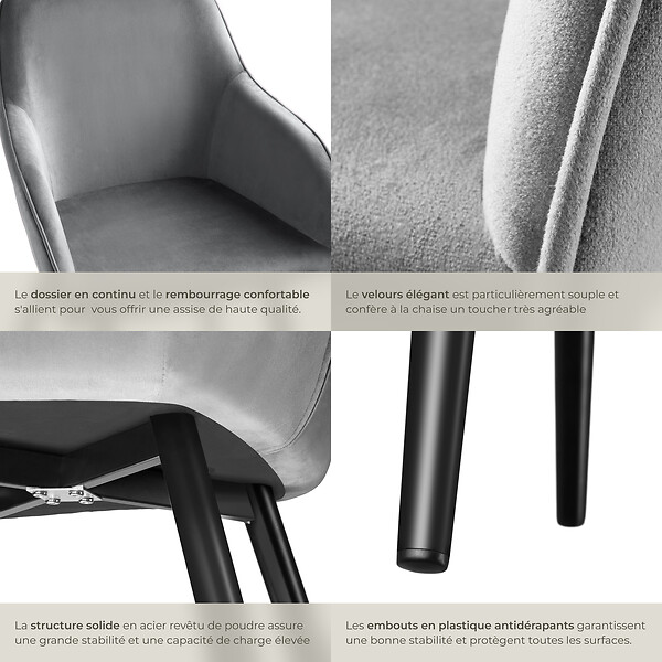 TECTAKE - Ensemble de 4 chaises en cuir synthétique aspect velours gris et noir - large
