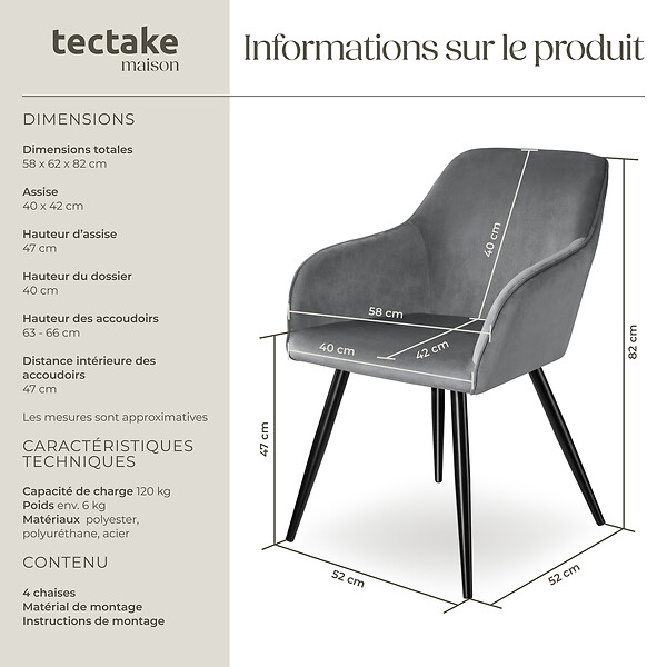 TECTAKE - Ensemble de 4 chaises en cuir synthétique aspect velours gris et noir - large