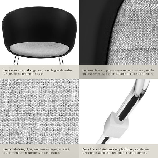 TECTAKE - Lot 2 Fauteuils rembourrés avec accoudoirs en plastique noir/chrome - large