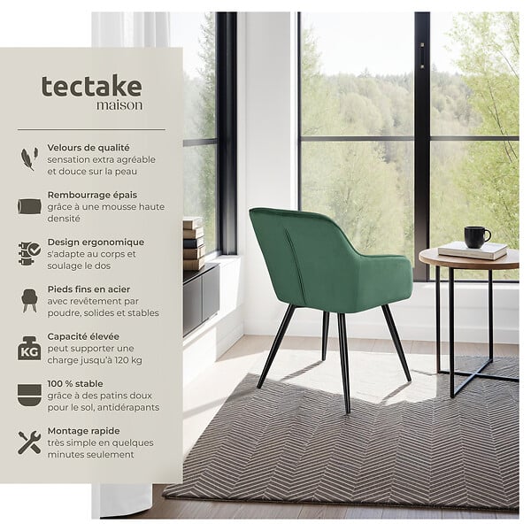 TECTAKE - Ensemble de 4 chaises en cuir synthétique aspect velours vert et noir - large