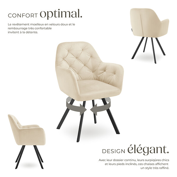 TECTAKE - Lot 2 fauteuils pivotants 180° velours rembourrés matelassés crème - large