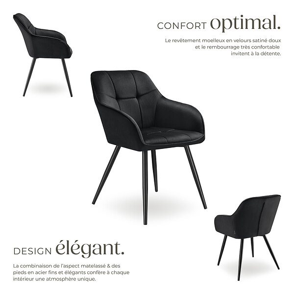 TECTAKE - Lot 4 chaises rembourrées en velours matelassé et dossier continu noir - large