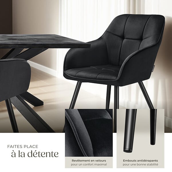 TECTAKE - Lot 4 chaises rembourrées en velours matelassé et dossier continu noir - large