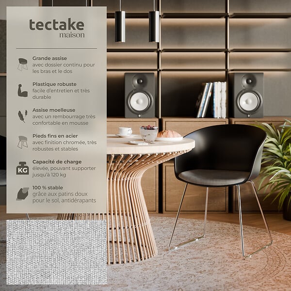 TECTAKE - Lot 4 Fauteuils rembourrés avec accoudoirs en plastique noir/chrome - large