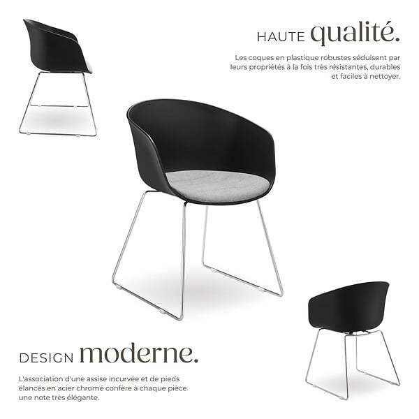 TECTAKE - Lot 4 Fauteuils rembourrés avec accoudoirs en plastique noir/chrome - large