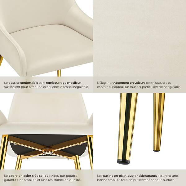 TECTAKE - Lot 6 chaises rembourrées aspect velours forme ergonomique beige - large