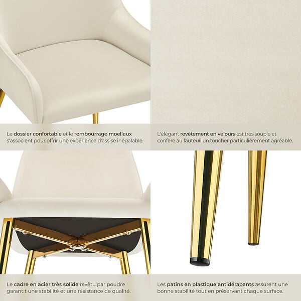 TECTAKE - Lot 4 chaises rembourrées aspect velours forme ergonomique beige - large