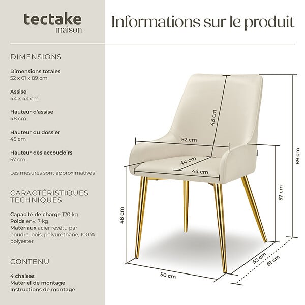TECTAKE - Lot 4 chaises rembourrées aspect velours forme ergonomique beige - large