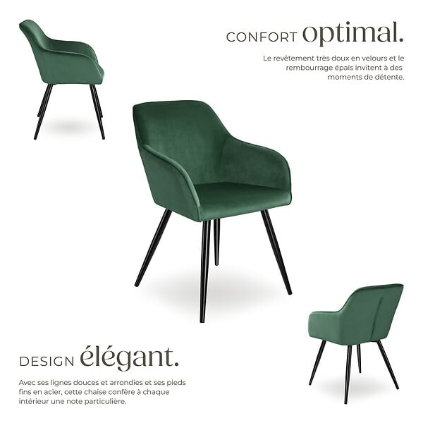 TECTAKE - Ensemble de 6 chaises effet velours ergonomiques vert foncé/noir - large