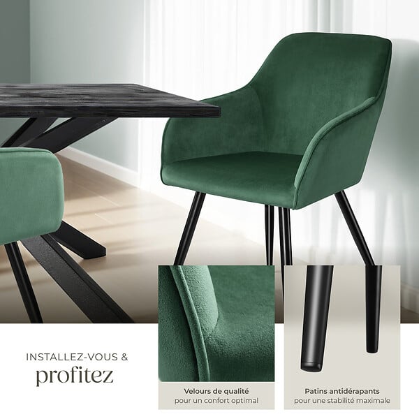 TECTAKE - Ensemble de 6 chaises effet velours ergonomiques vert foncé/noir - large