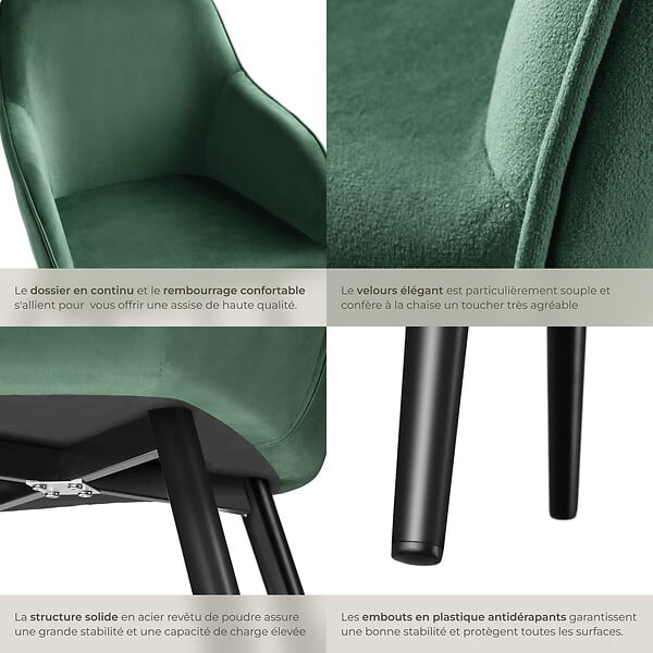 TECTAKE - Ensemble de 6 chaises effet velours ergonomiques vert foncé/noir - large