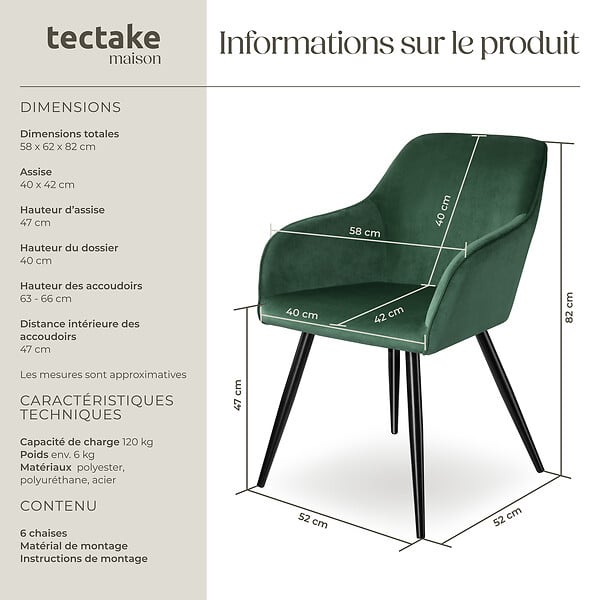 TECTAKE - Ensemble de 6 chaises effet velours ergonomiques vert foncé/noir - large