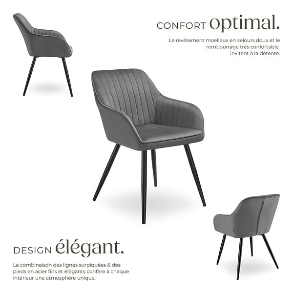 TECTAKE - Lot 4 chaises de salle à manger en velours matelassées gris - large