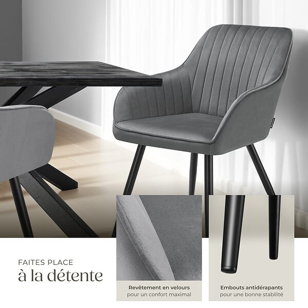 TECTAKE - Lot 4 chaises de salle à manger en velours matelassées gris - large