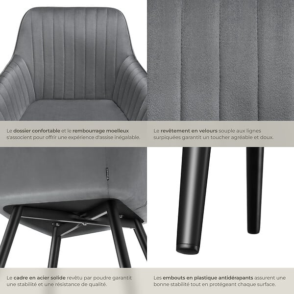 TECTAKE - Lot 4 chaises de salle à manger en velours matelassées gris - large