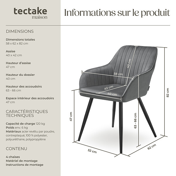 TECTAKE - Lot 4 chaises de salle à manger en velours matelassées gris - large
