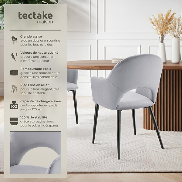 TECTAKE - Lot 4 Fauteuils aspect velours rembourré max 120 kg gris clair - large