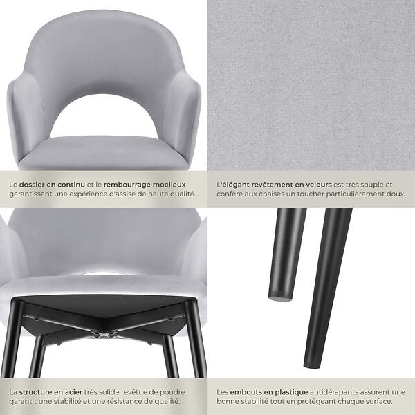 TECTAKE - Lot 4 Fauteuils aspect velours rembourré max 120 kg gris clair - large