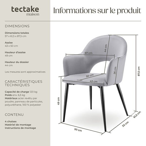 TECTAKE - Lot 4 Fauteuils aspect velours rembourré max 120 kg gris clair - large