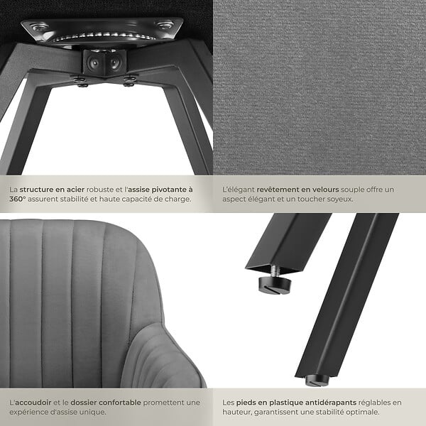 TECTAKE - Chaise pivotante à 360° avec accoudoirs en velours rembourrée gris - large
