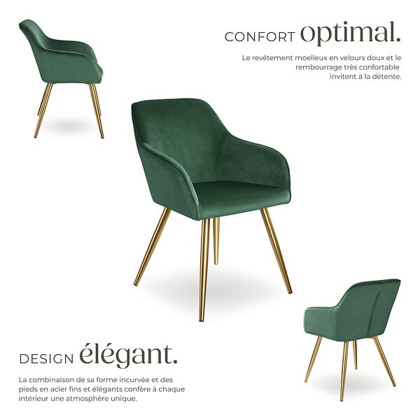 TECTAKE - Ensemble de 4 chaises rembourrées aspect velours vert foncé/or - large