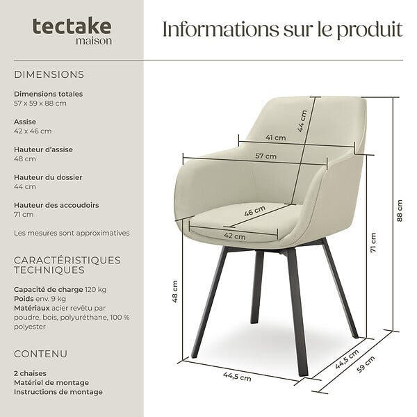 TECTAKE - Lot 2 Fauteuils pivotants rembourrés avec accoudoirs gris/beige - large