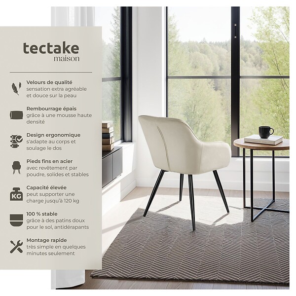 TECTAKE - Ensemble de 4 chaises cuir synthétique aspect velours crème/noir - large