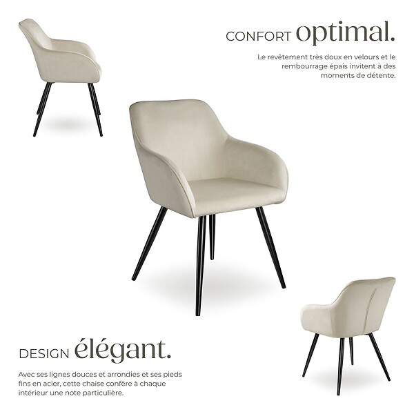 TECTAKE - Ensemble de 4 chaises cuir synthétique aspect velours crème/noir - large