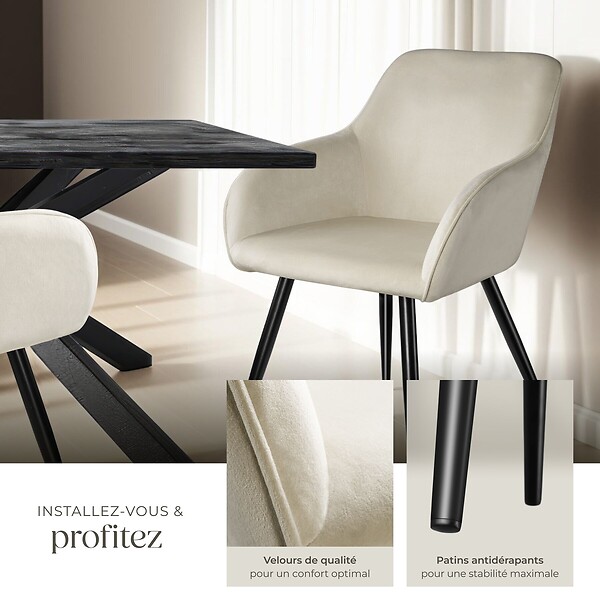 TECTAKE - Ensemble de 4 chaises cuir synthétique aspect velours crème/noir - large