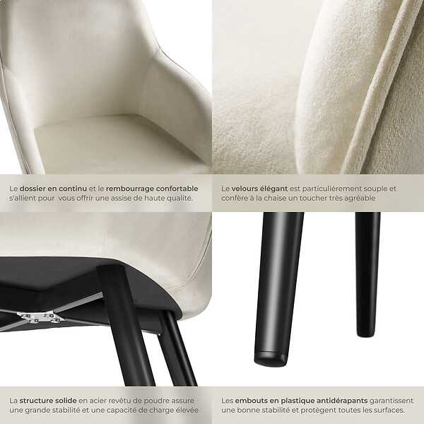 TECTAKE - Ensemble de 4 chaises cuir synthétique aspect velours crème/noir - large