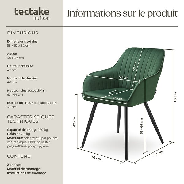 TECTAKE - Lot 2 chaises de salle à manger en velours matelassées vert foncé - large