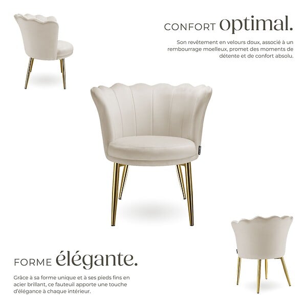 TECTAKE - Fauteuil rembourrage épais revêtement en velours crème/or - large